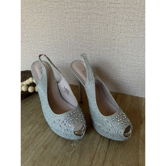 De Blossom Collection Shoes - De Blossom Nelson-34 Silver Sparkle Platform Heels Size 7 Peep Toe Slingback